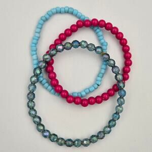 Three Stackable Stretch Bracelets Blue Pink and Teal